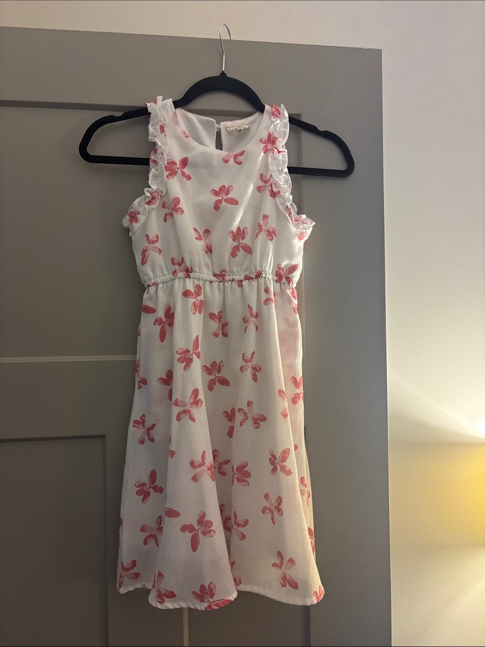 Hayden Girls White Dress with Pink Floral Print and Ruffle Sleeves
